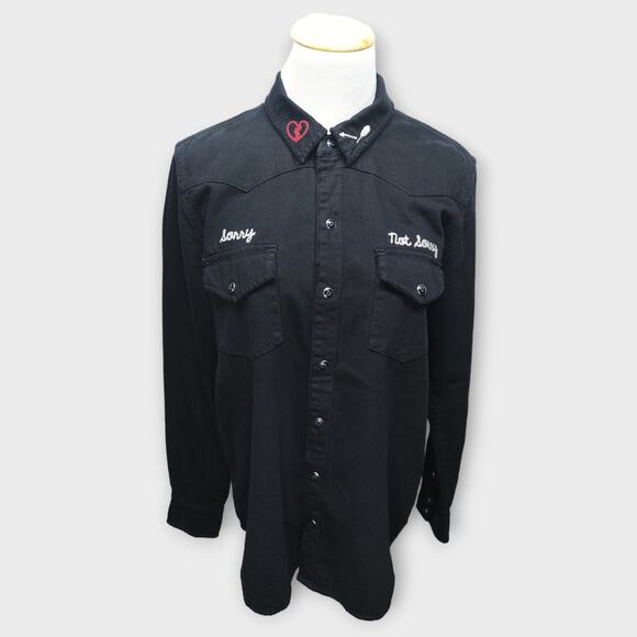 Women's Lucky Brand Black Long Sleeve Button Up Black Pearl Snaps Large - Picture 2 of 7